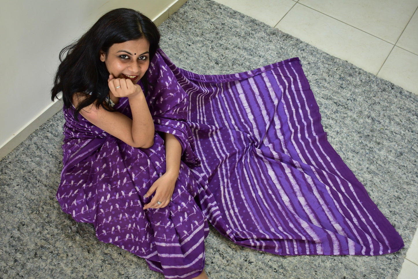 Sonchoraiya Violet - Purple Cotton Mulmul - Handblock Dabu Saree