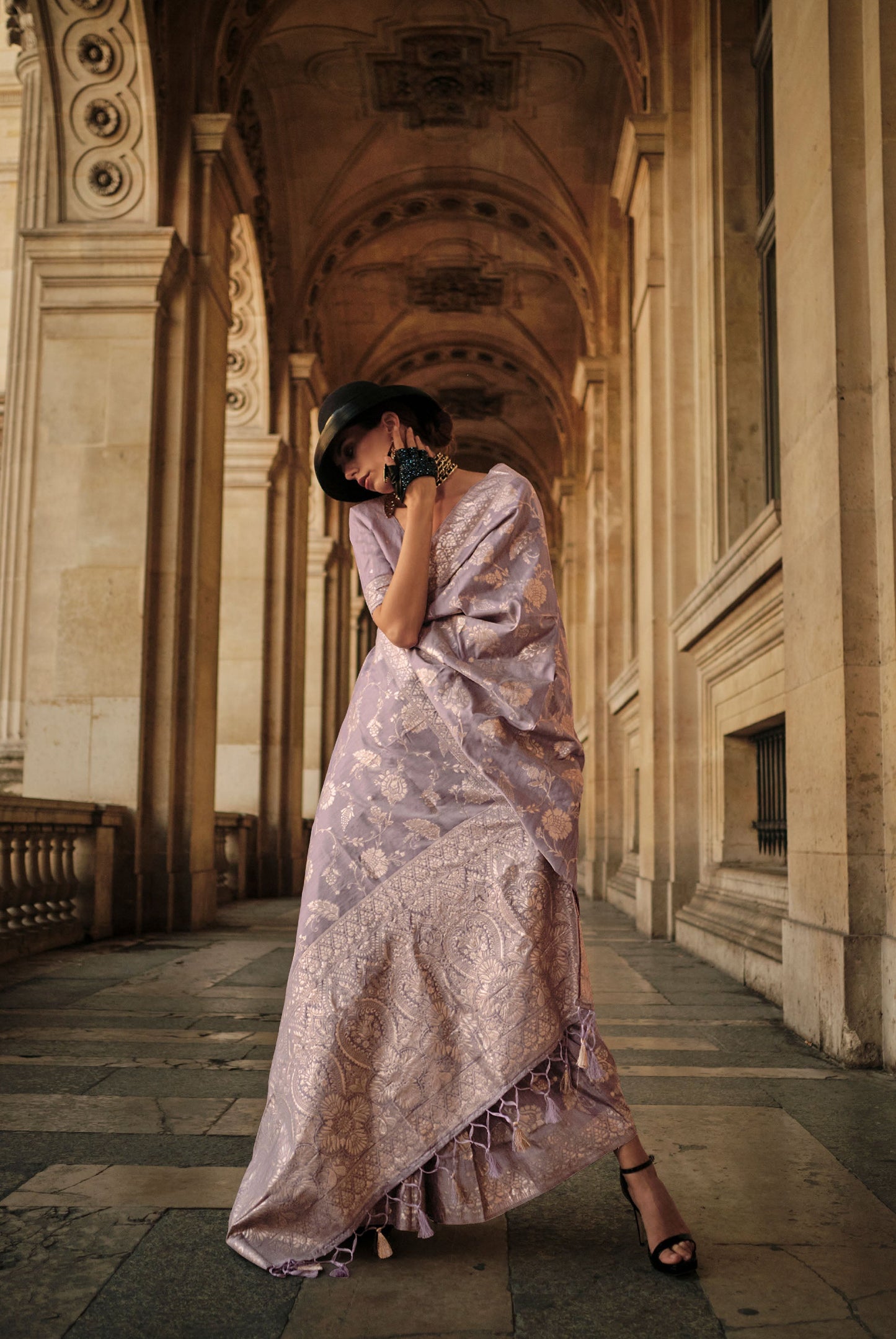 Lavender Kaasha Silk Gota Handloom Saree