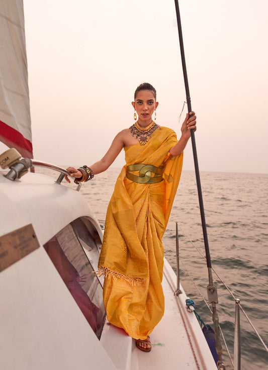 Yellow Kokoro Satin Two tone handloom weaving saree