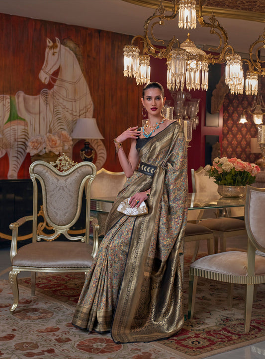 Black and Gold Color Kshahida Modal Handloom Kashmiri Chaap Saree