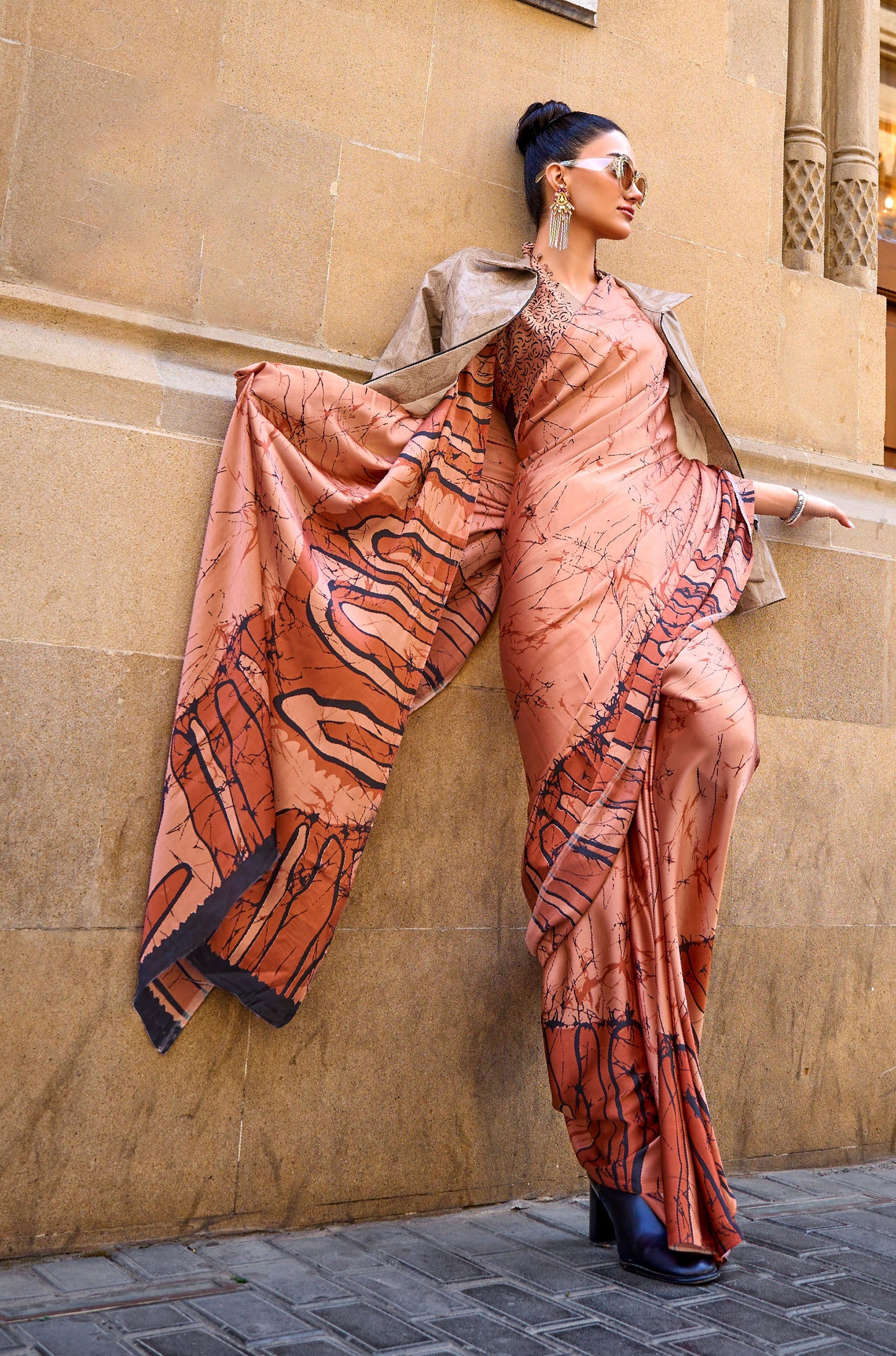 Orange Art work Kubik Print Satin Saree