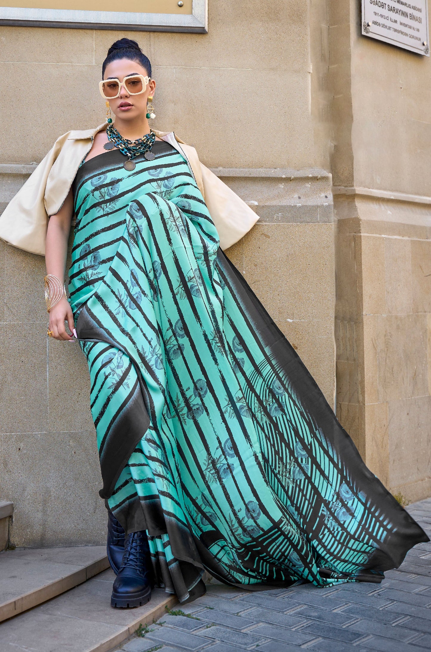 Teal Green Floral Kubik Print Satin Saree