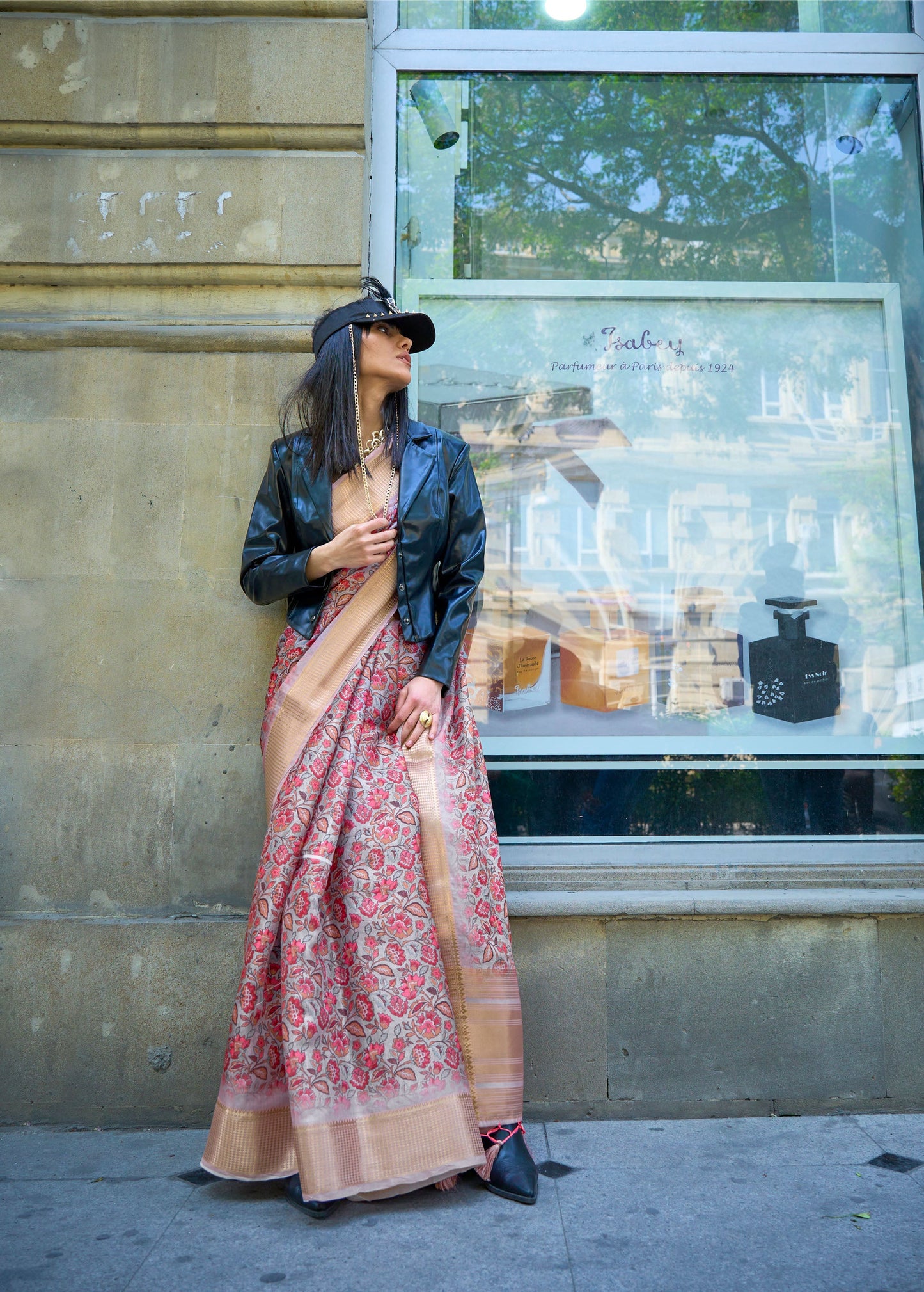 Light Pink Floral Klay Print Satin Organza Saree