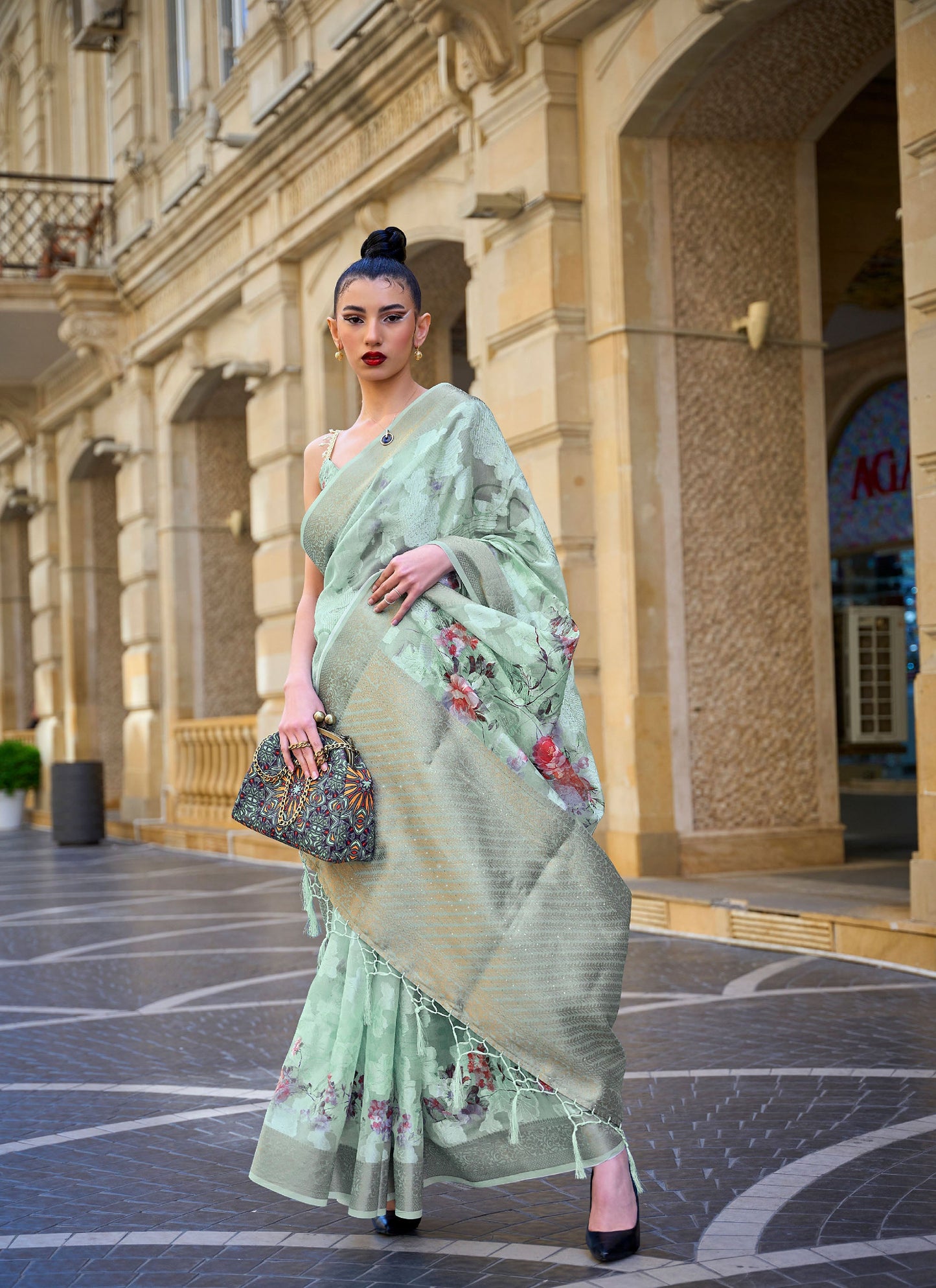 Light Green Floral Kinsel Printed Poly Handloom Saree