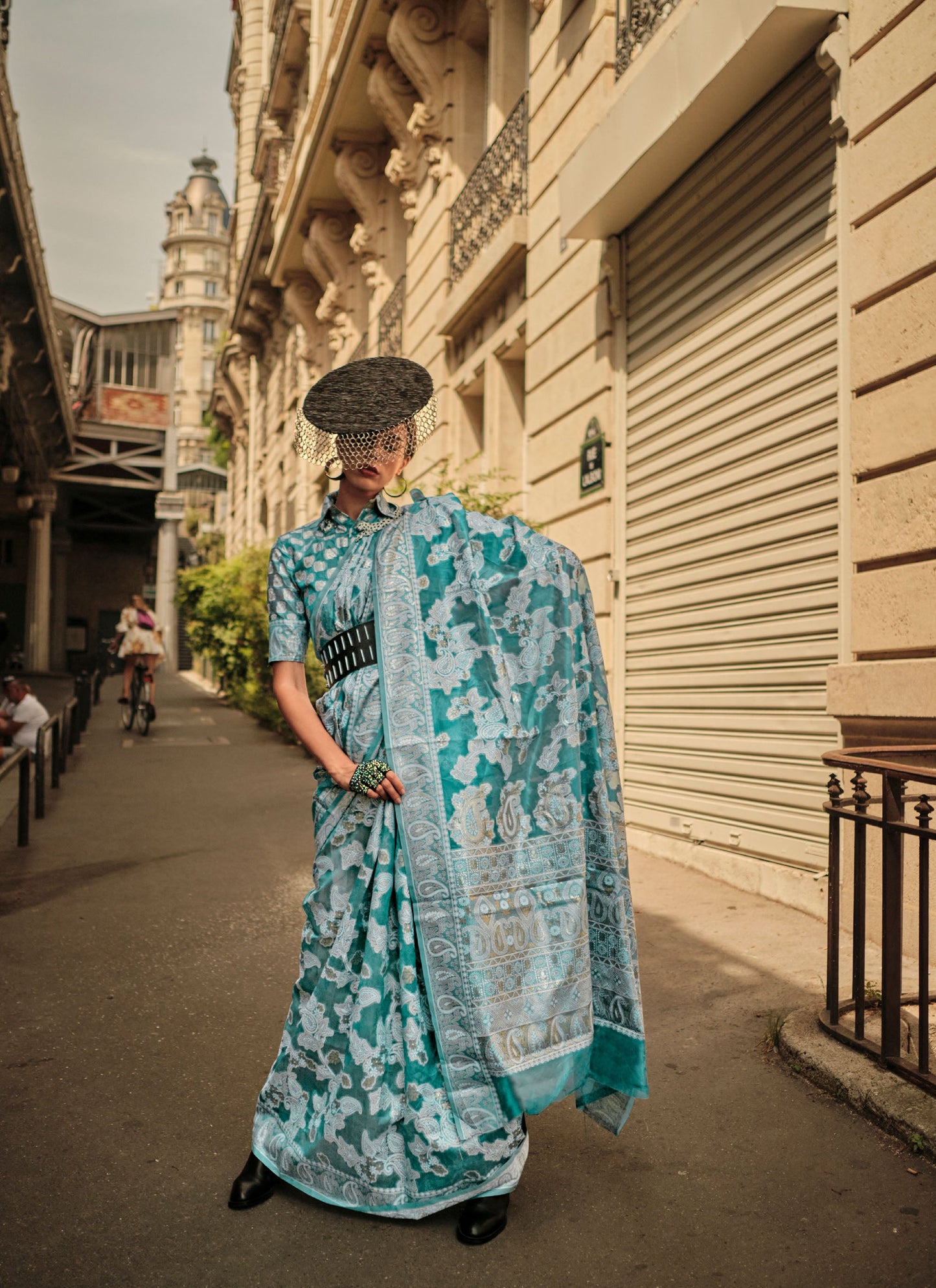 Turquoise Kaneeza Lucknow Chikankari Zari Saree