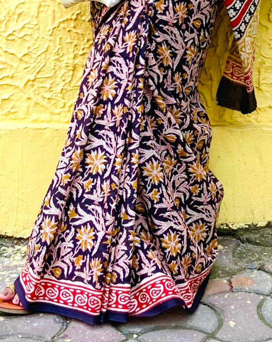 Kalbeliya -  Black Bagru Natural Dyes Handblock Printed - Cotton Mulmul Saree