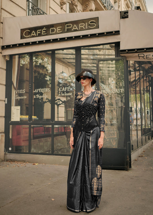 Black Kronicle Pure Satin Zari Handloom Saree