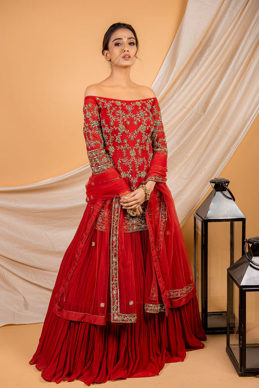 Red Georgette Off Shoulder Kurta Lehenga Set for Bridesmaid