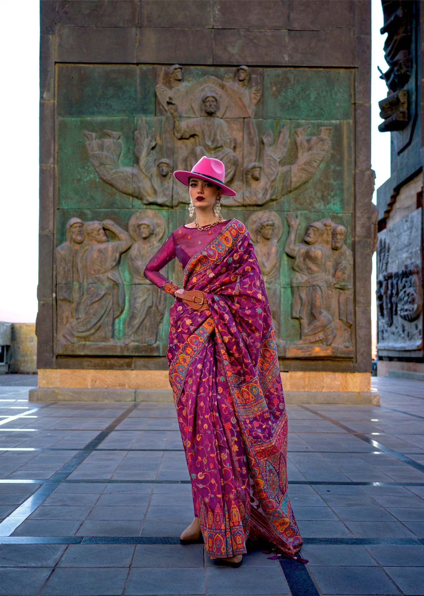 Magenta Kashneer Organza Kashmiri Handloom Silk Saree