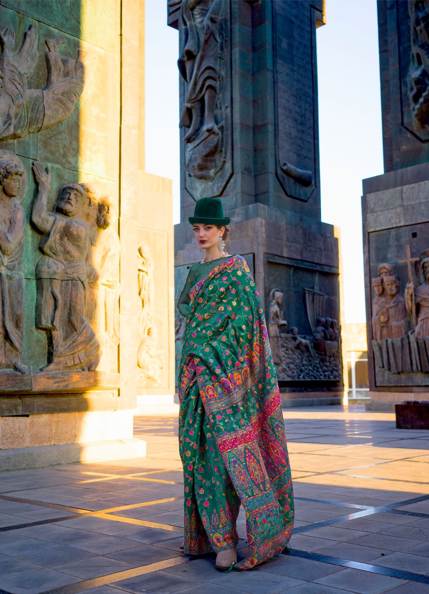 Forest Green Kashneer Organza Kashmiri Handloom Silk Saree
