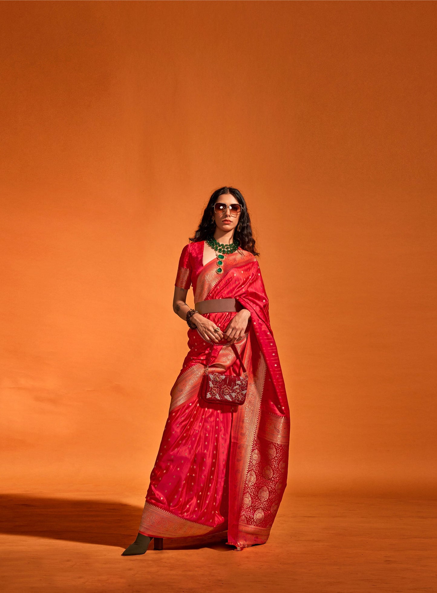 Crimson Red Karnaal Pure Satin Handloom Silk Saree