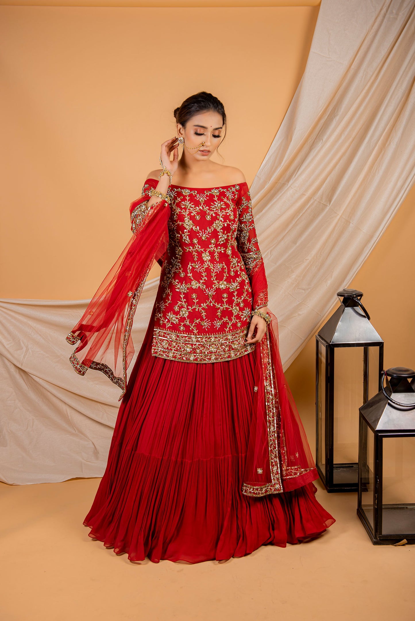 Red Georgette Off Shoulder Kurta Lehenga Set for Bridesmaid
