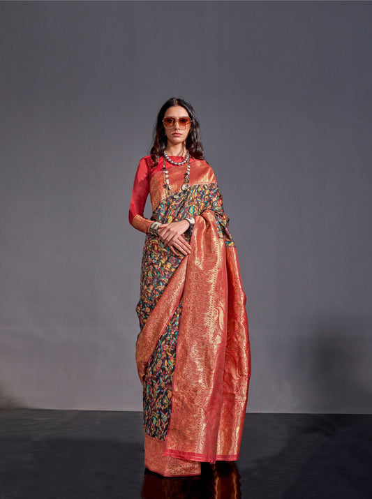 Black Multi color Knaaz Modal Kashmiri Chaap Handloom Saree