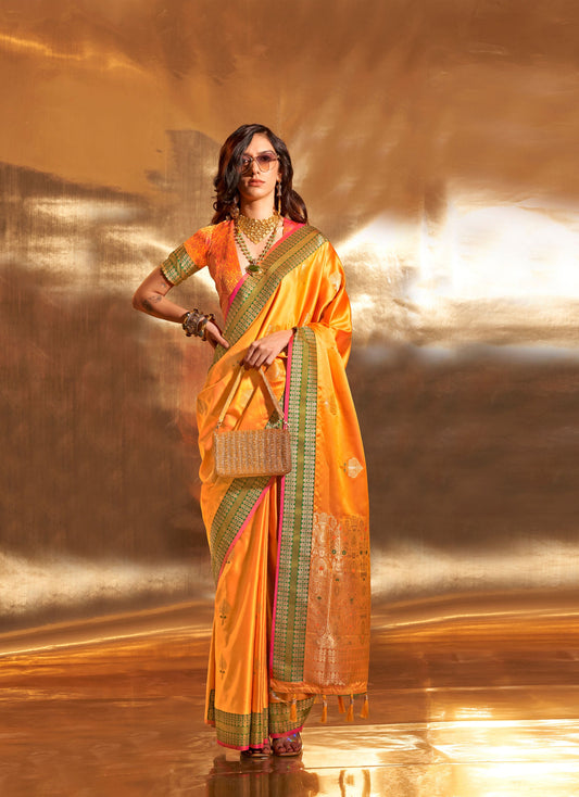 Yellow Ksattika Pure Satin Handloom Silk Saree