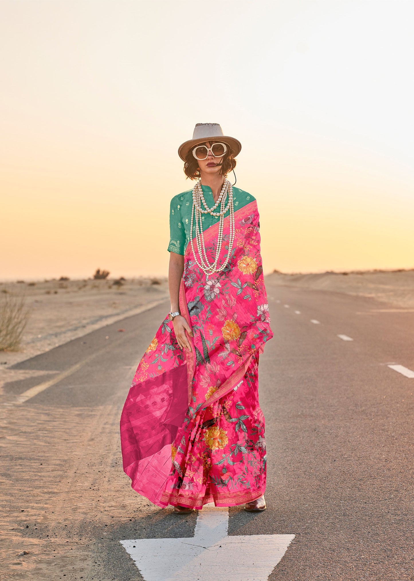 Pink Kikigai Printed Tussar Silk Saree