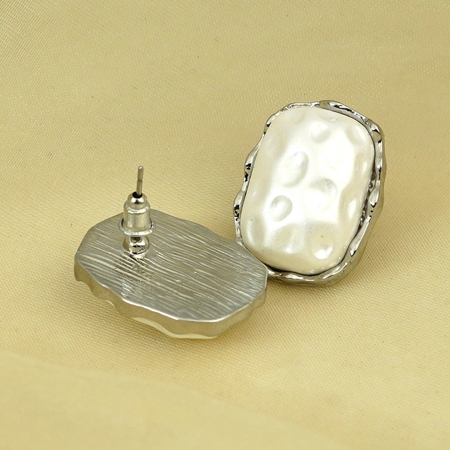 Zevar Club Silver Tone White Pearl-Textured Sculpted Frame Stud Earrings for Women