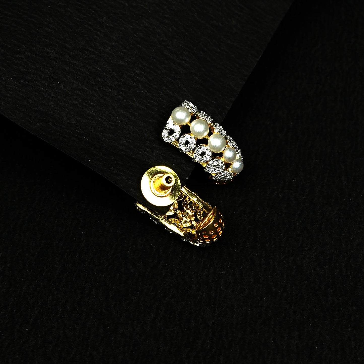 Zevar Club 22K Gold-Plated Handcrafted Cubic Zirconia & Pearl Studded Huggie Hoop Earrings