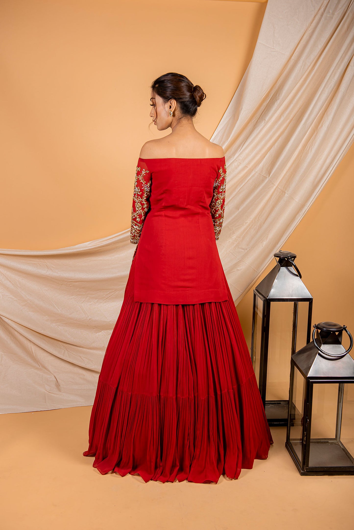 Red Georgette Off Shoulder Kurta Lehenga Set for Bridesmaid