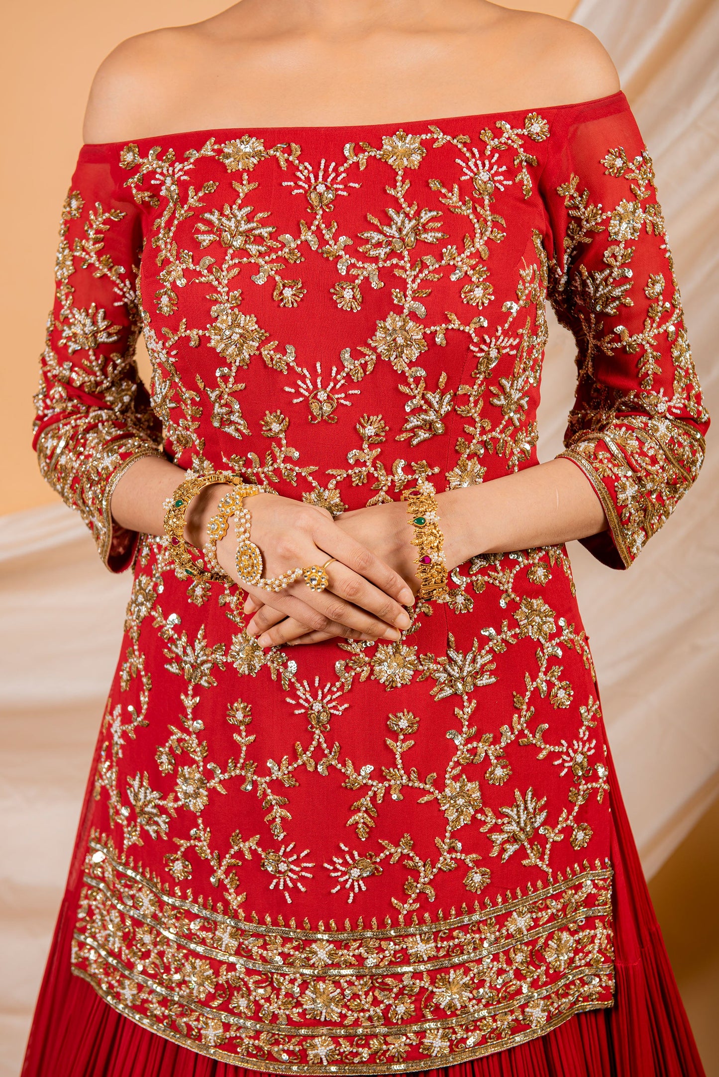 Red Georgette Off Shoulder Kurta Lehenga Set for Bridesmaid