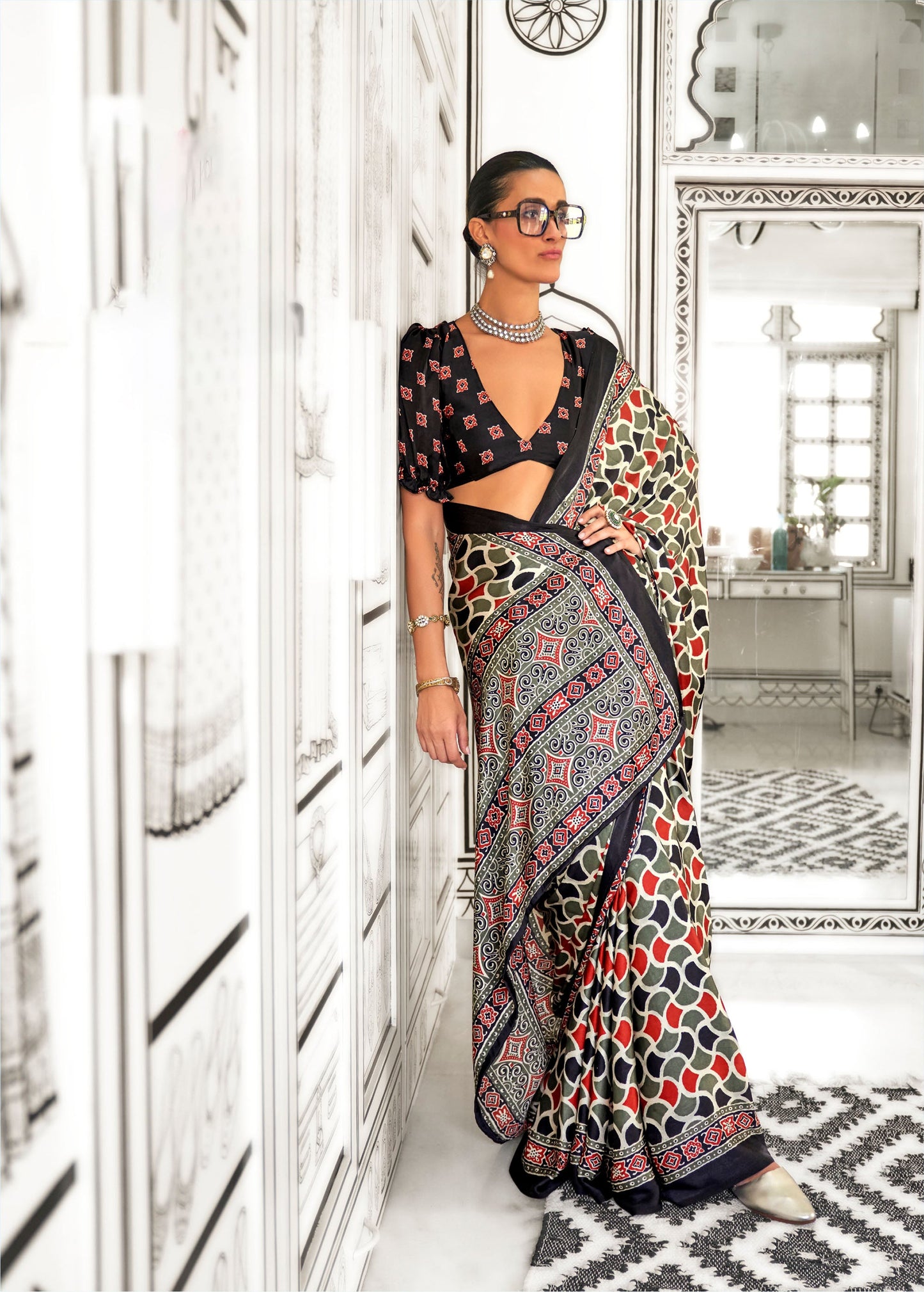 Olive Green Kajarkh Printed Ajrakh Satin Saree