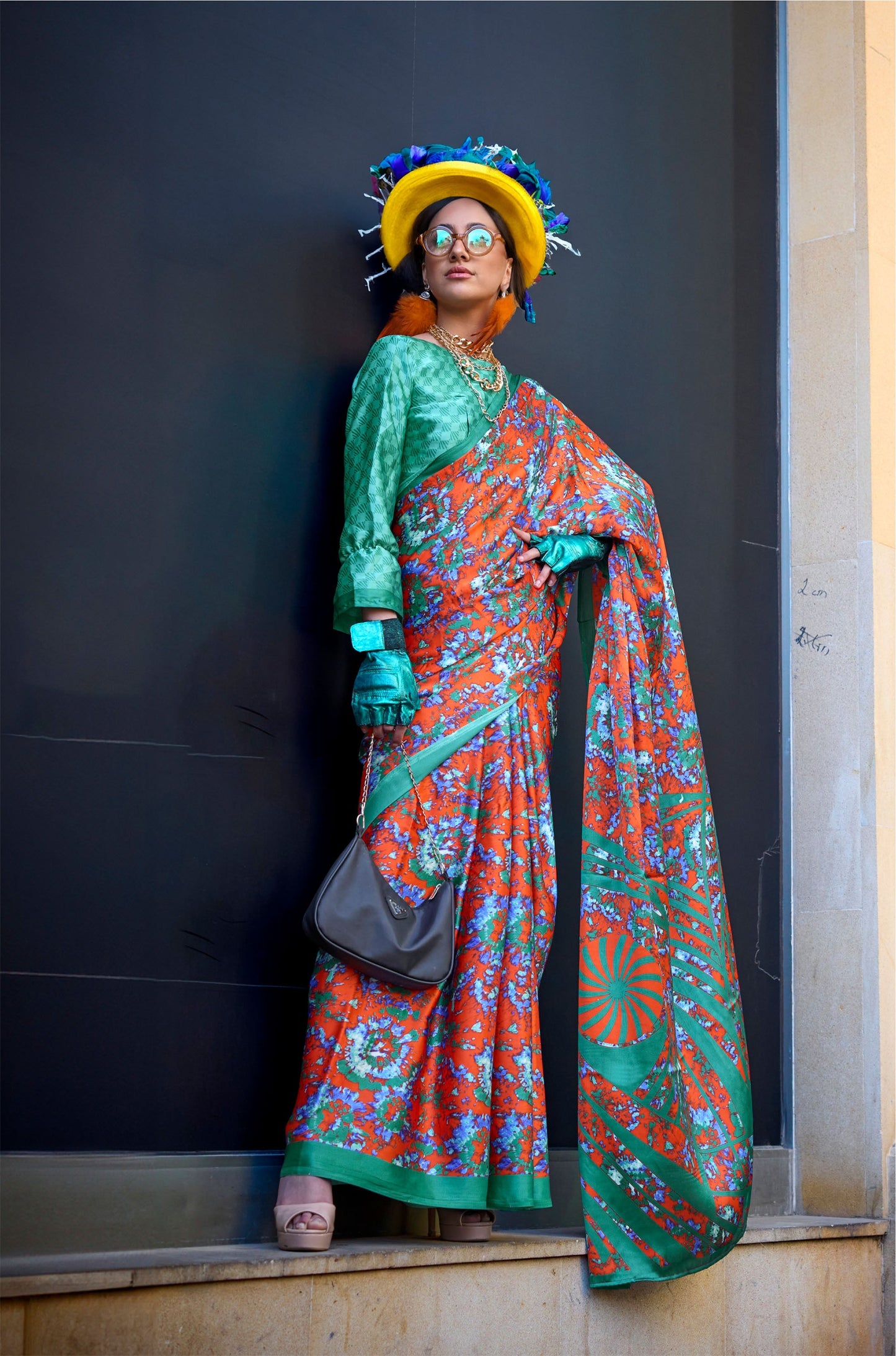 Orange Floral Kazule Contemporary Satin Crepe Saree