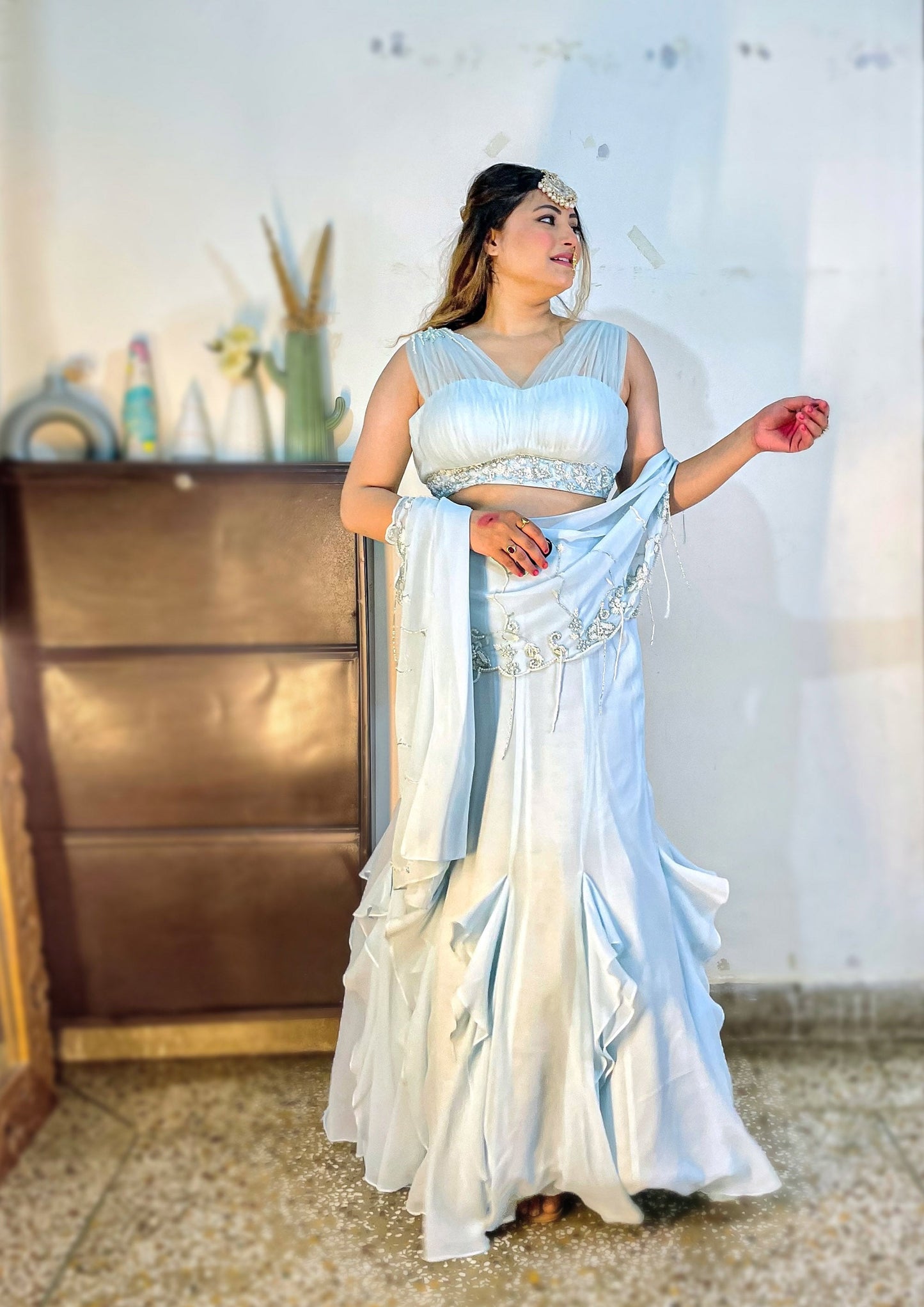 Ice Blue Georgette hand embroidered Cocktail Lehenga