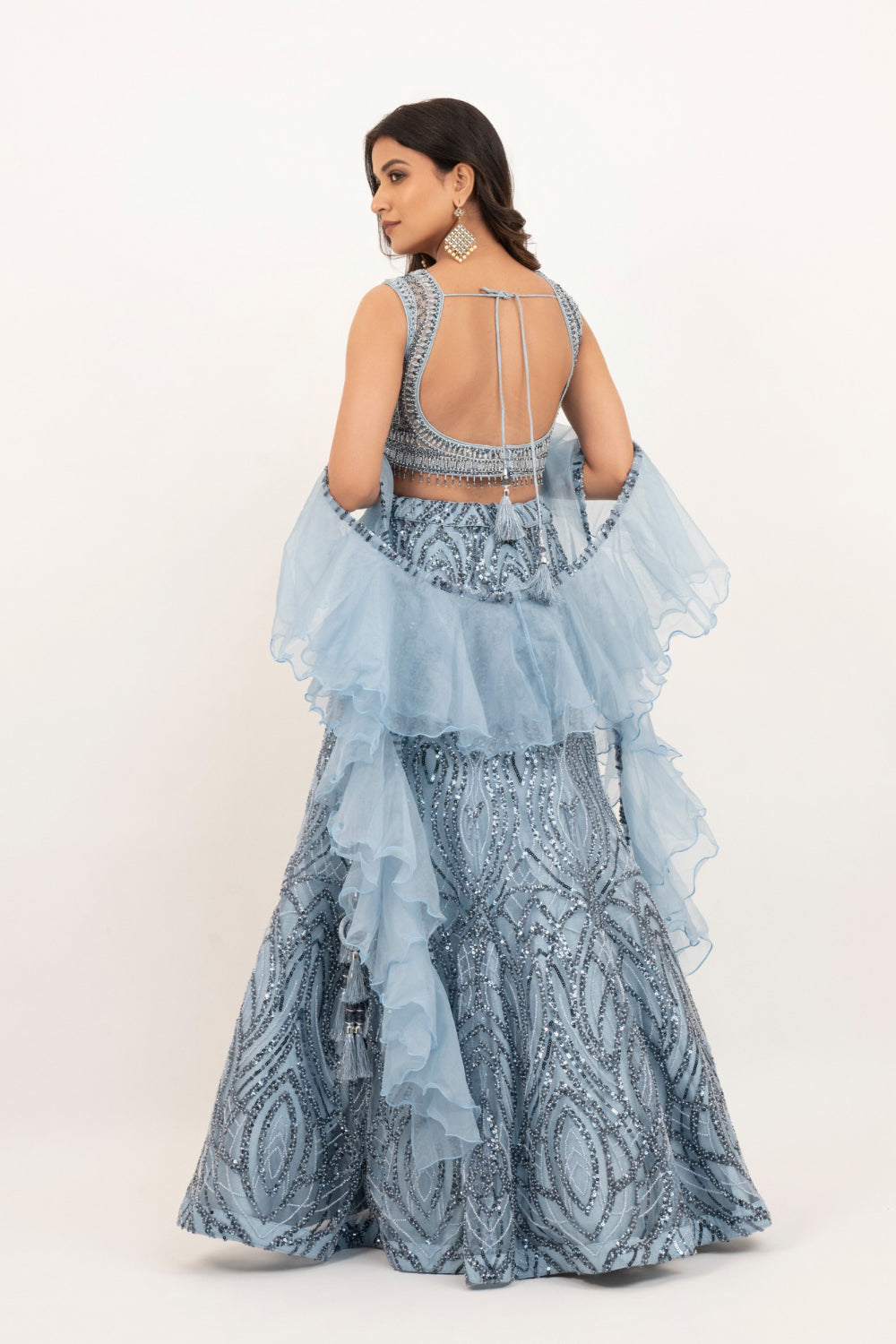 Powder Blue net lehenga choli with Sequins and hand cut dana work