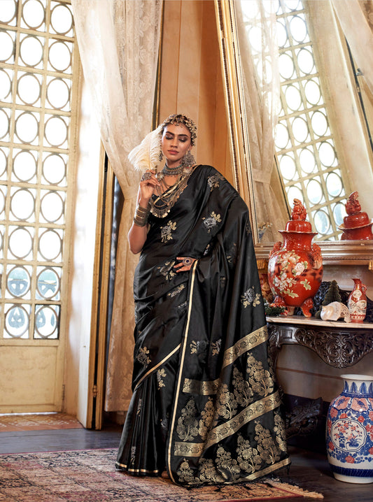 Black Kanthkala Satin Silk Handloom Saree