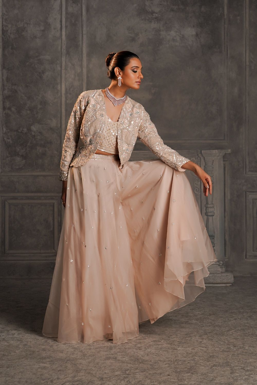 Light rose gold soft silk sequinned Lehenga