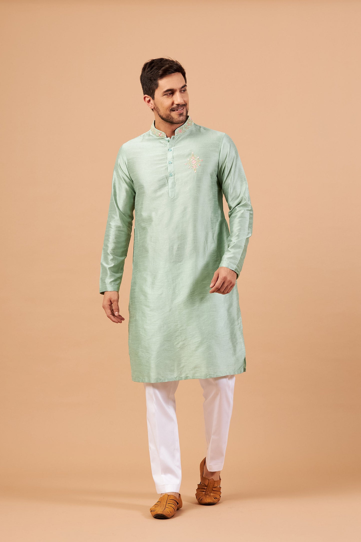 Pastel Green Cotton Embroidery Festive ( only Kurta )