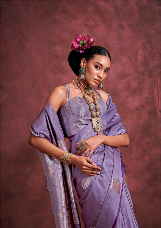 Purple Kanthkala Satin Silk Handloom Banarasi Zari Weaving Saree