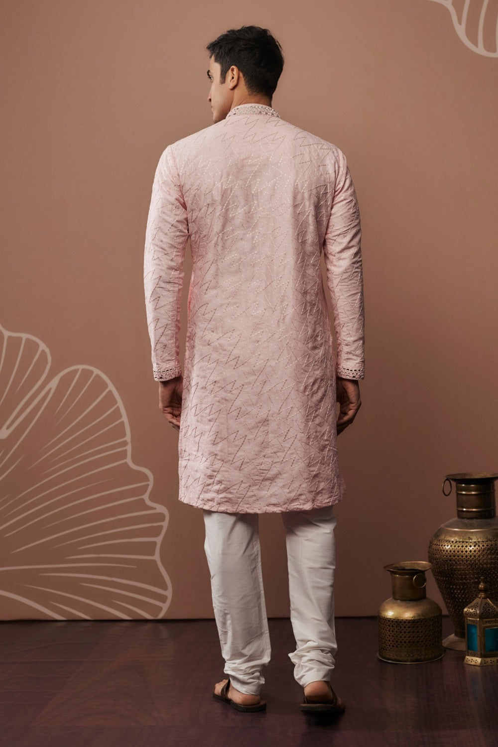 Pink mirror embroidered silk kurta set