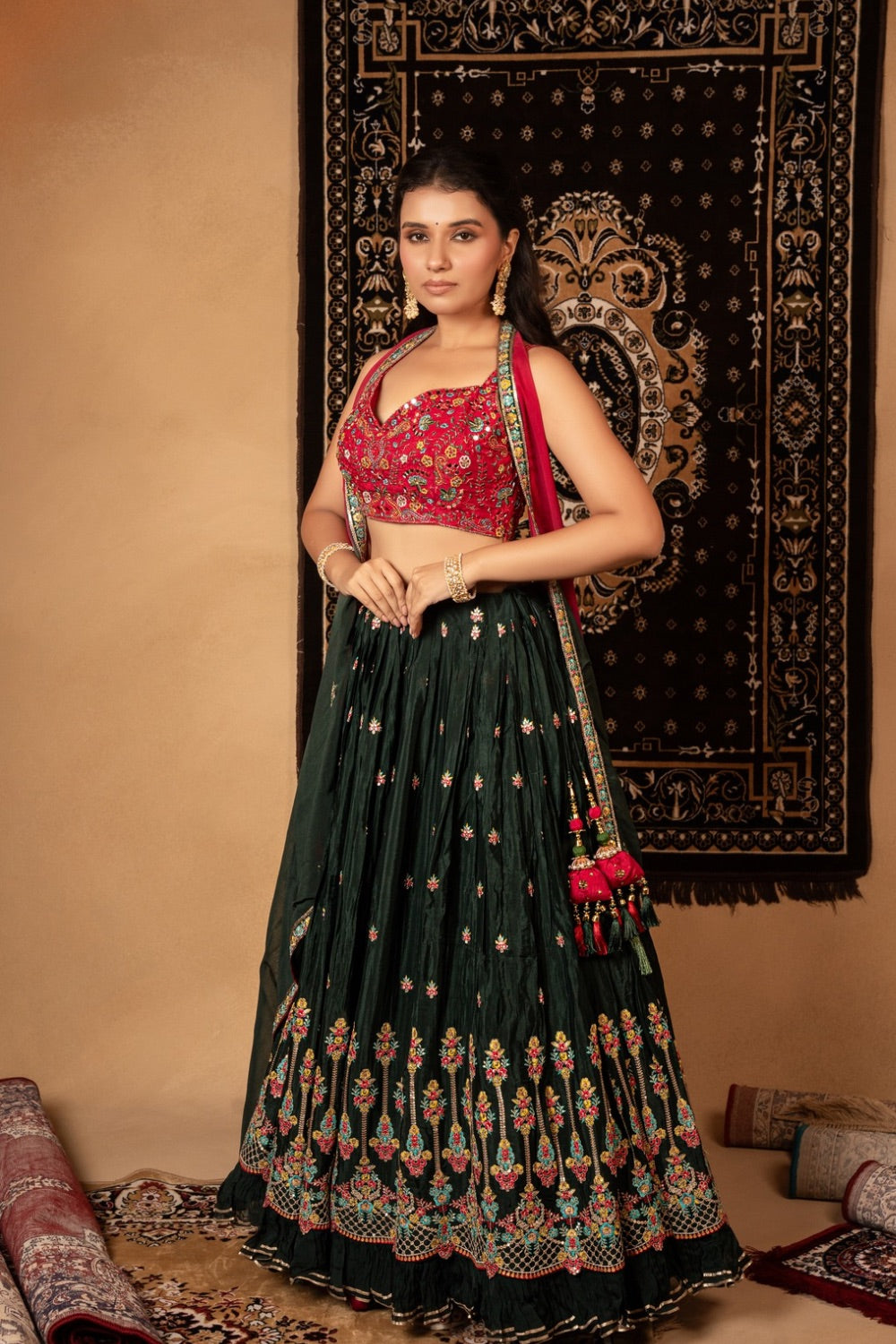 Green georgette lehenga choli with resham, tikki, and moti work
