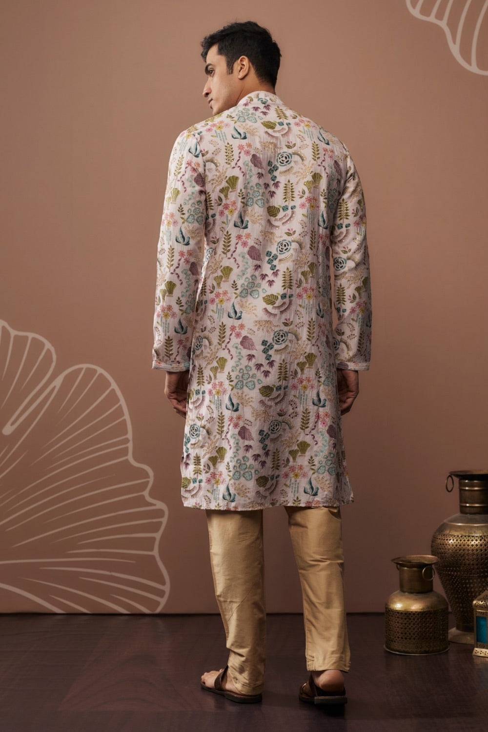 Multicolour silk kurta set with hand and machine work