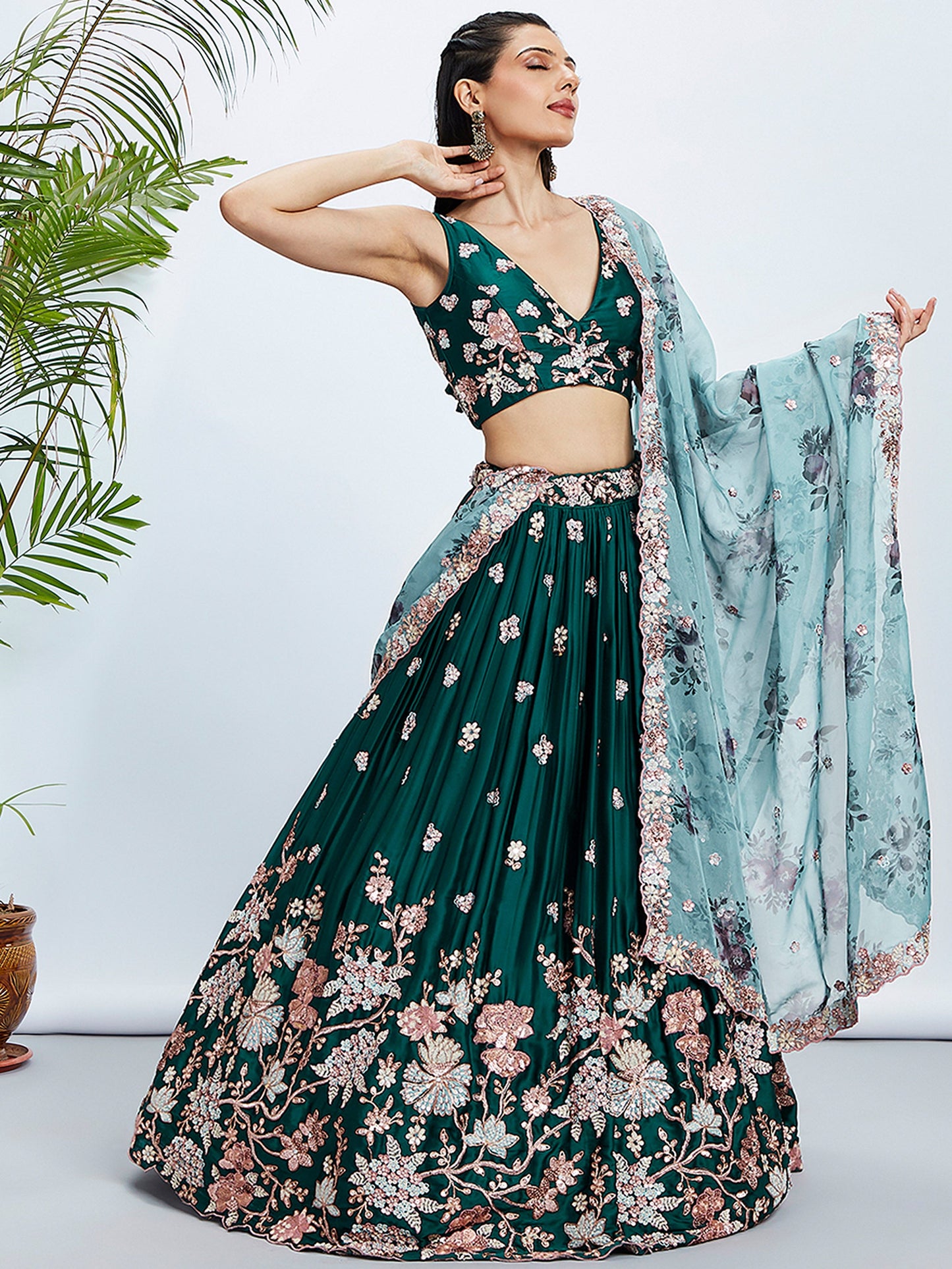 Green Pure Georgette Sequins and thread embroidery Lehenga
