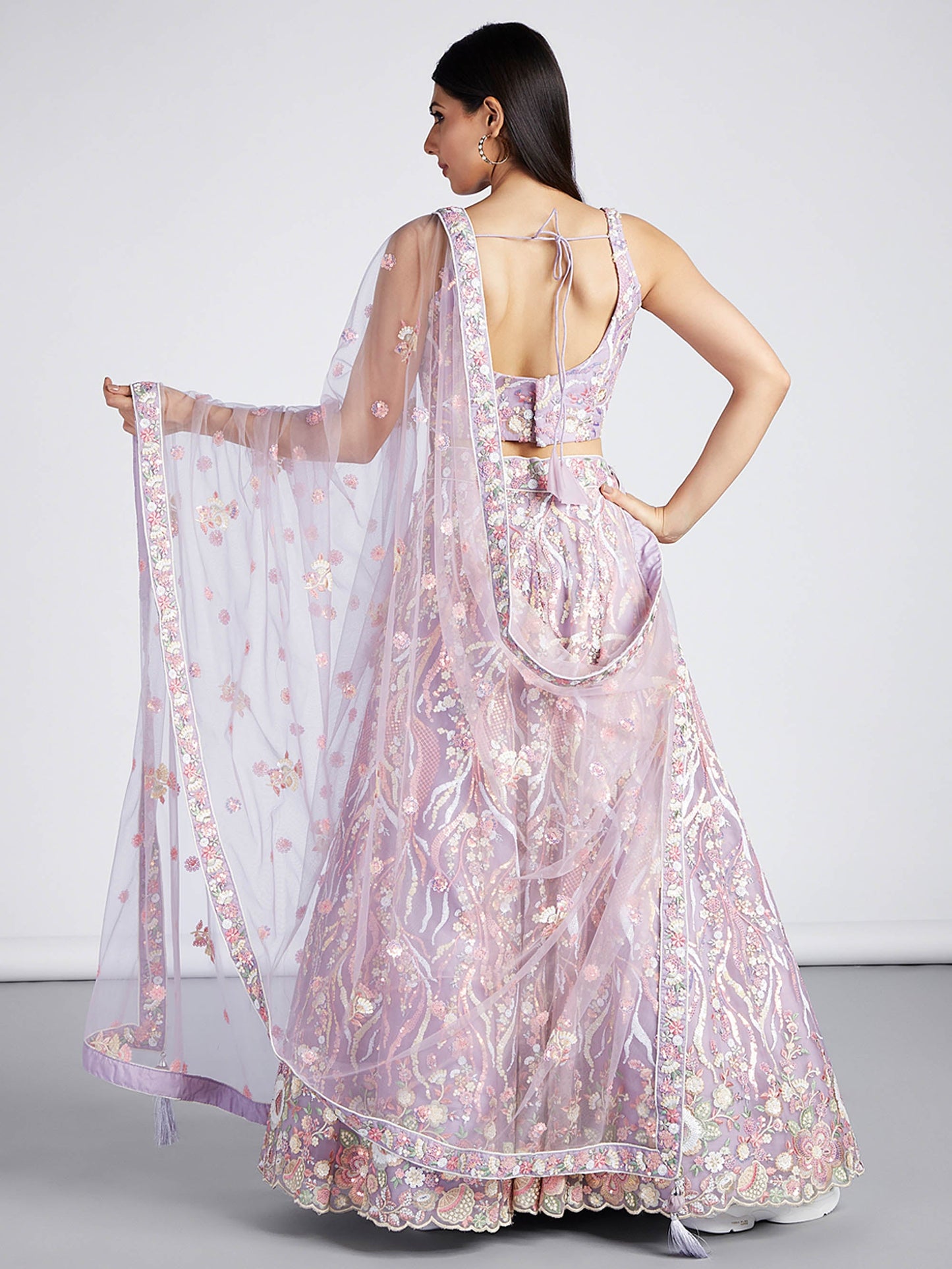Mauve Net Sequins and thread embroidery Lehenga choli & Dupatta