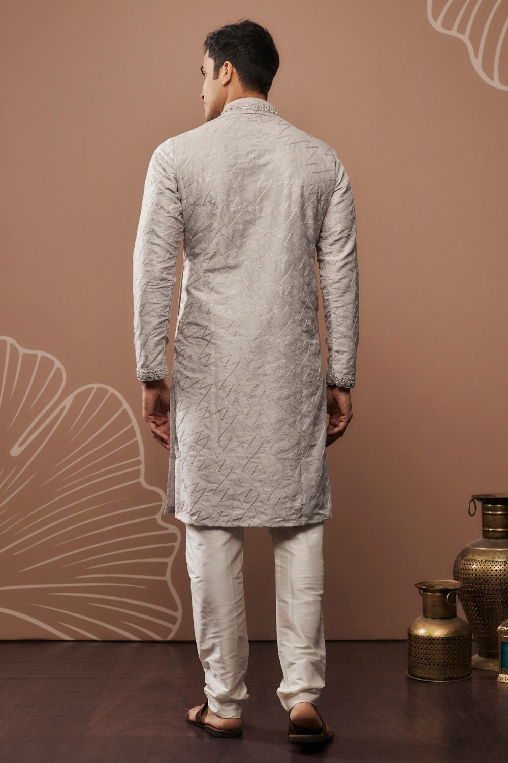 Silver silk kurta & pajama with hand and machine work