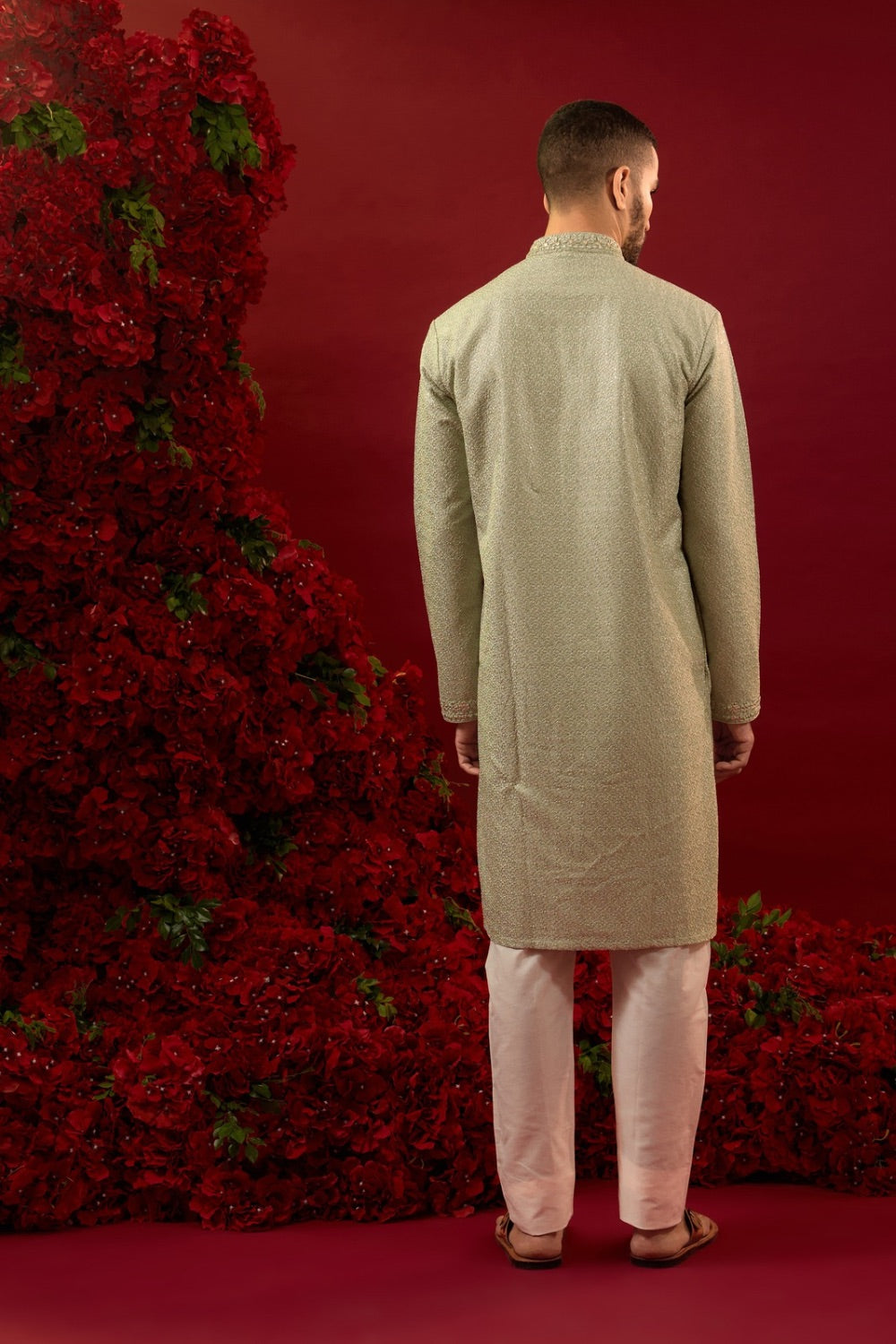 Pista green silk kurta & pajama with hand and machine work