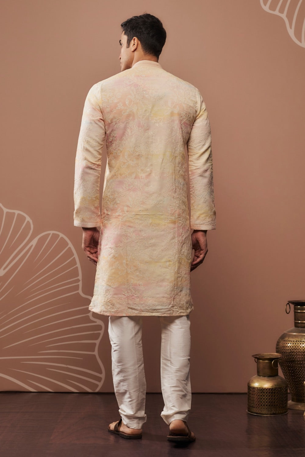 Yellow silk kurta & pajama with hand & machine work