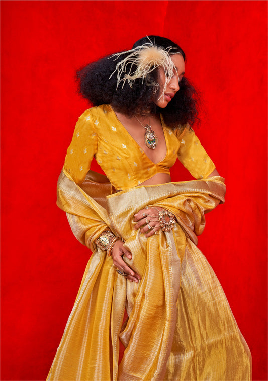 Yellow Kontigo Pure Viscose Zari Tissue Saree