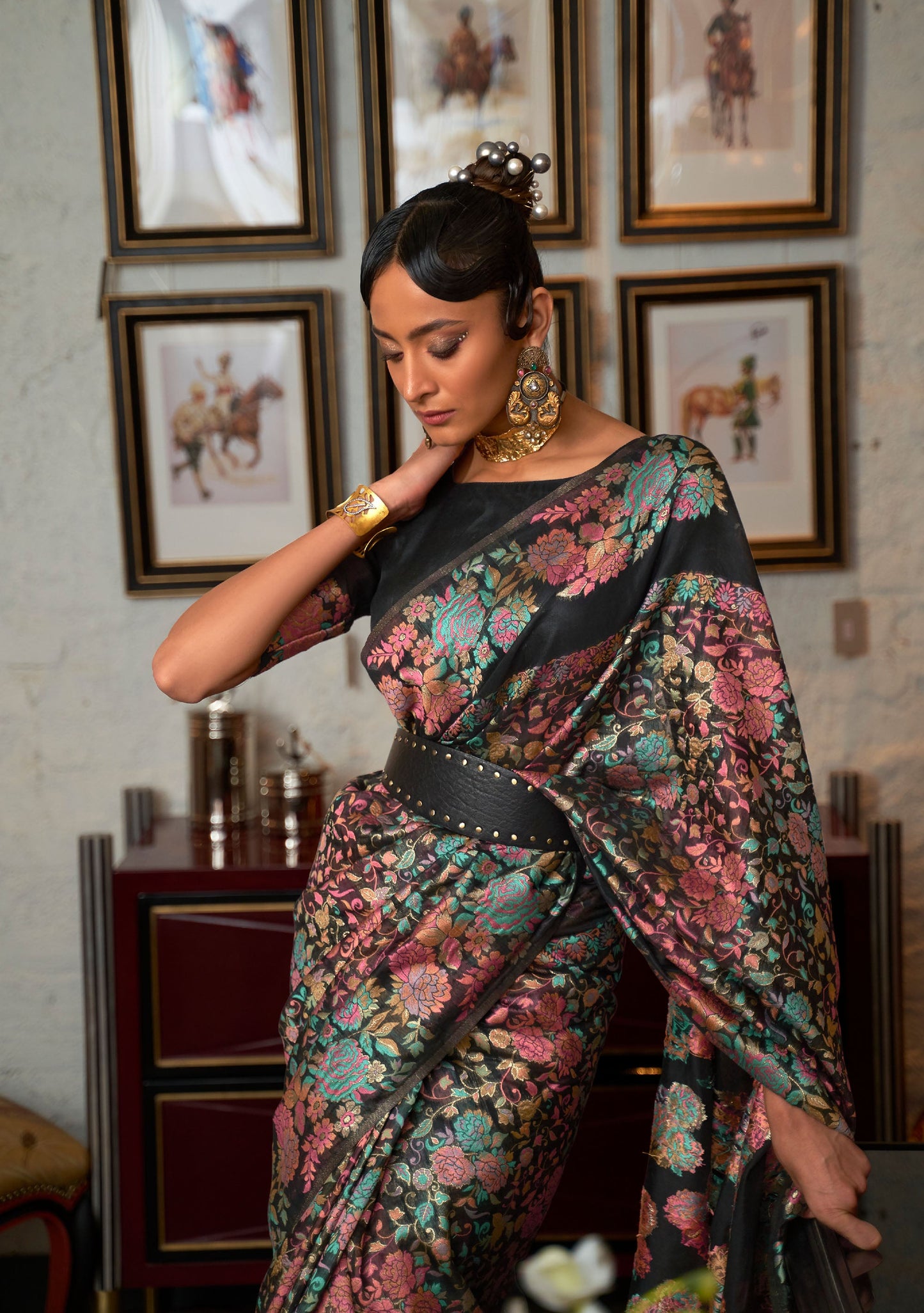 Black Kaazi Silk Kashmiri Modal Handloom Saree