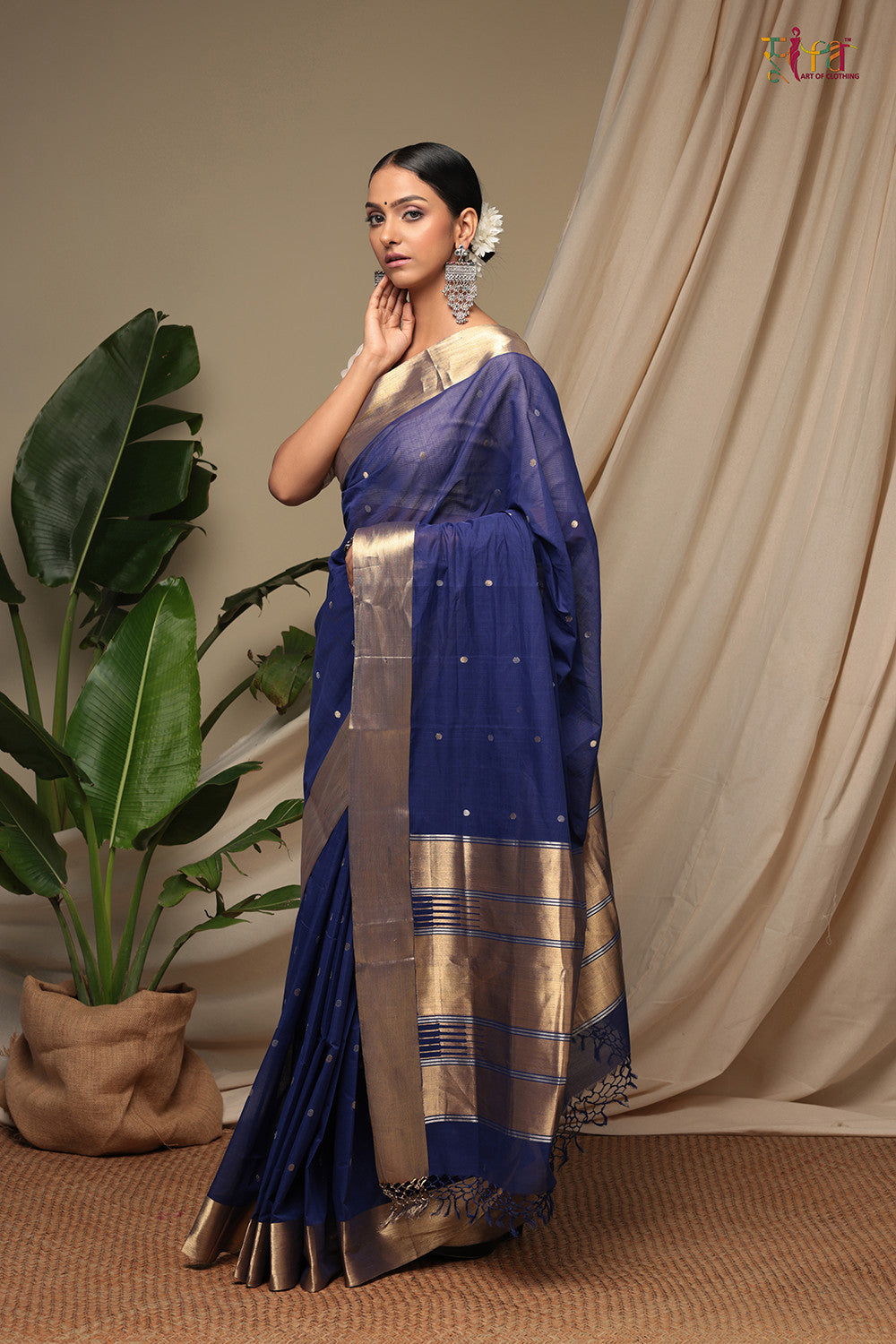 Handloom Berry Blue Pure Cotton Kanchi Contemporary Saree With Golden Zari Motifs & Border