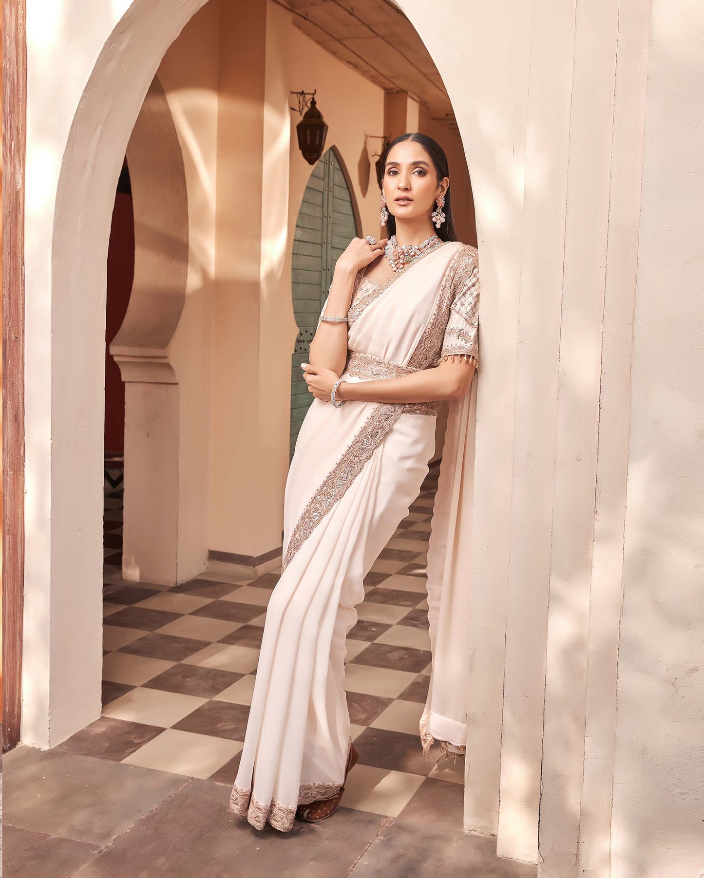 Mughal Light Peach Georgette Embroidered Party Saree