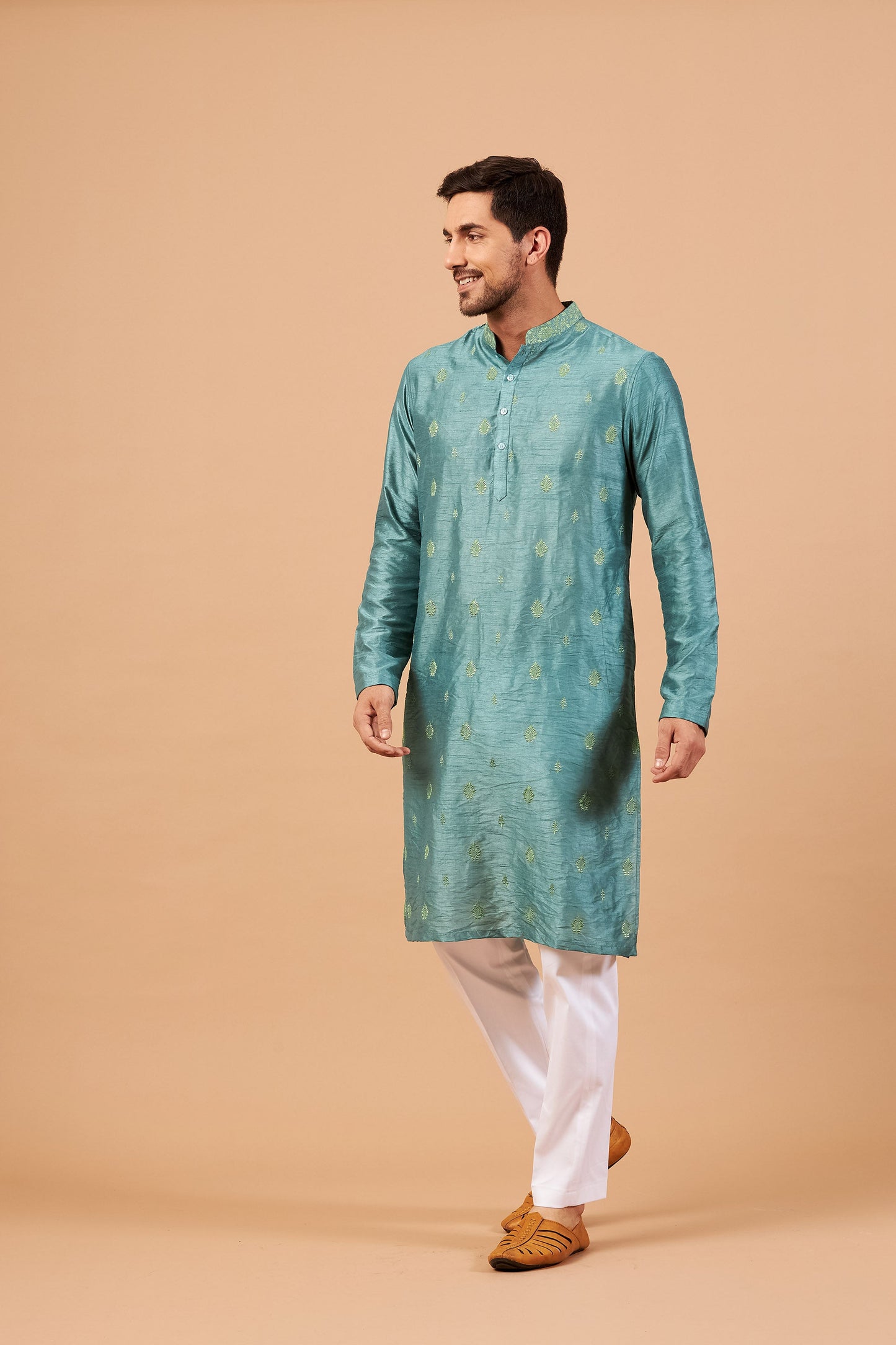 Teal Semi Raw Silk Machine Embroidered Festive ( only Kurta )