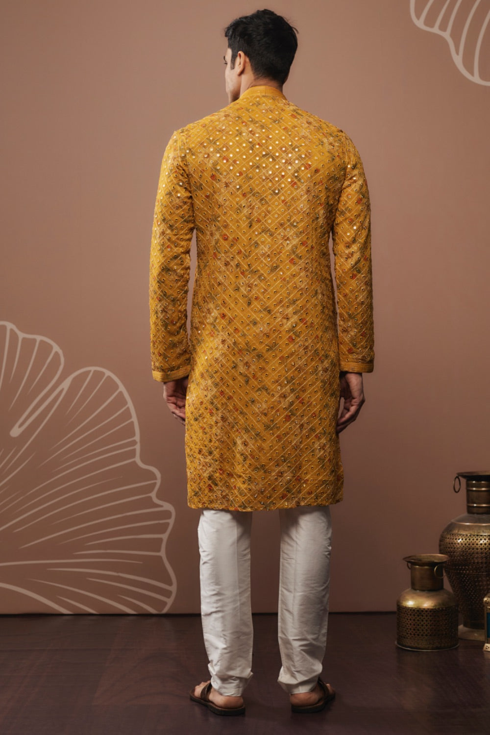 Mustard yellow silk kurta pajama with hand and machine work
