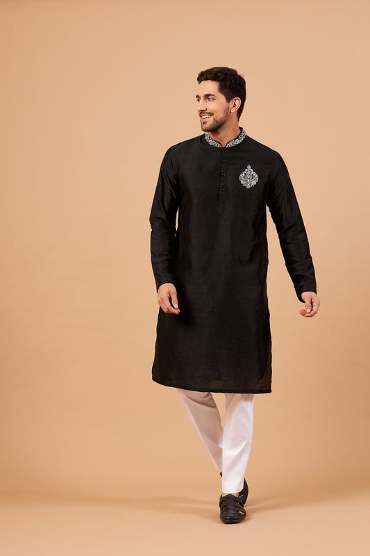 Black Machine Embroidery Semi Raw Silk ( only Kurta )