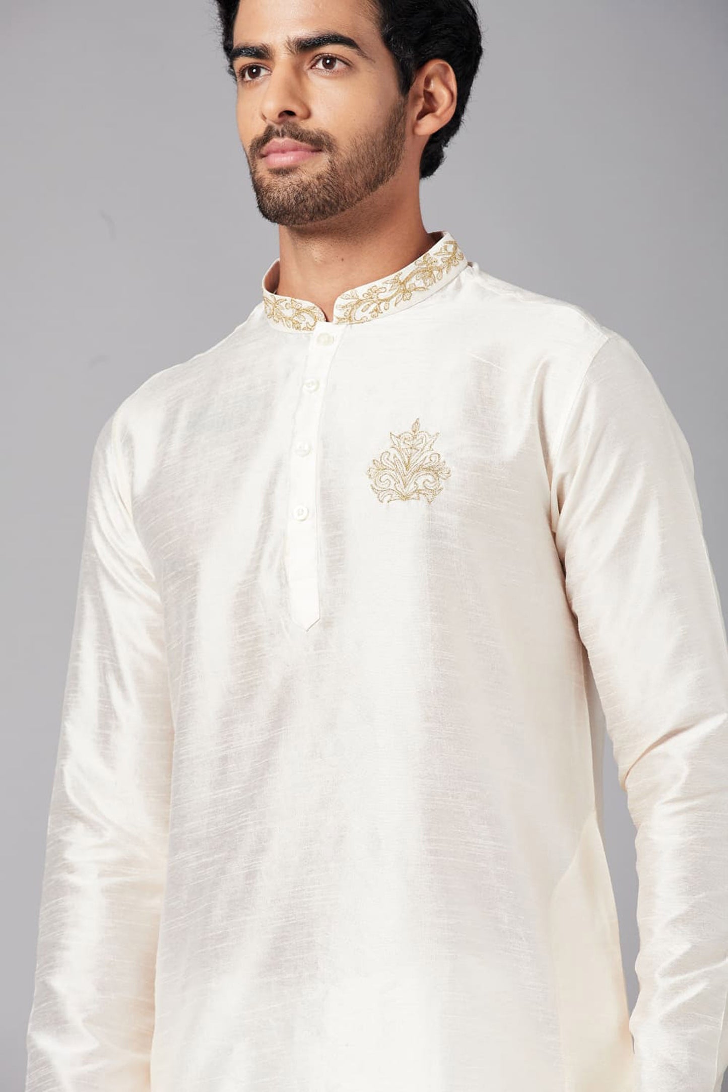 White Semi Raw Silk Embroidered Festive ( only Kurta )