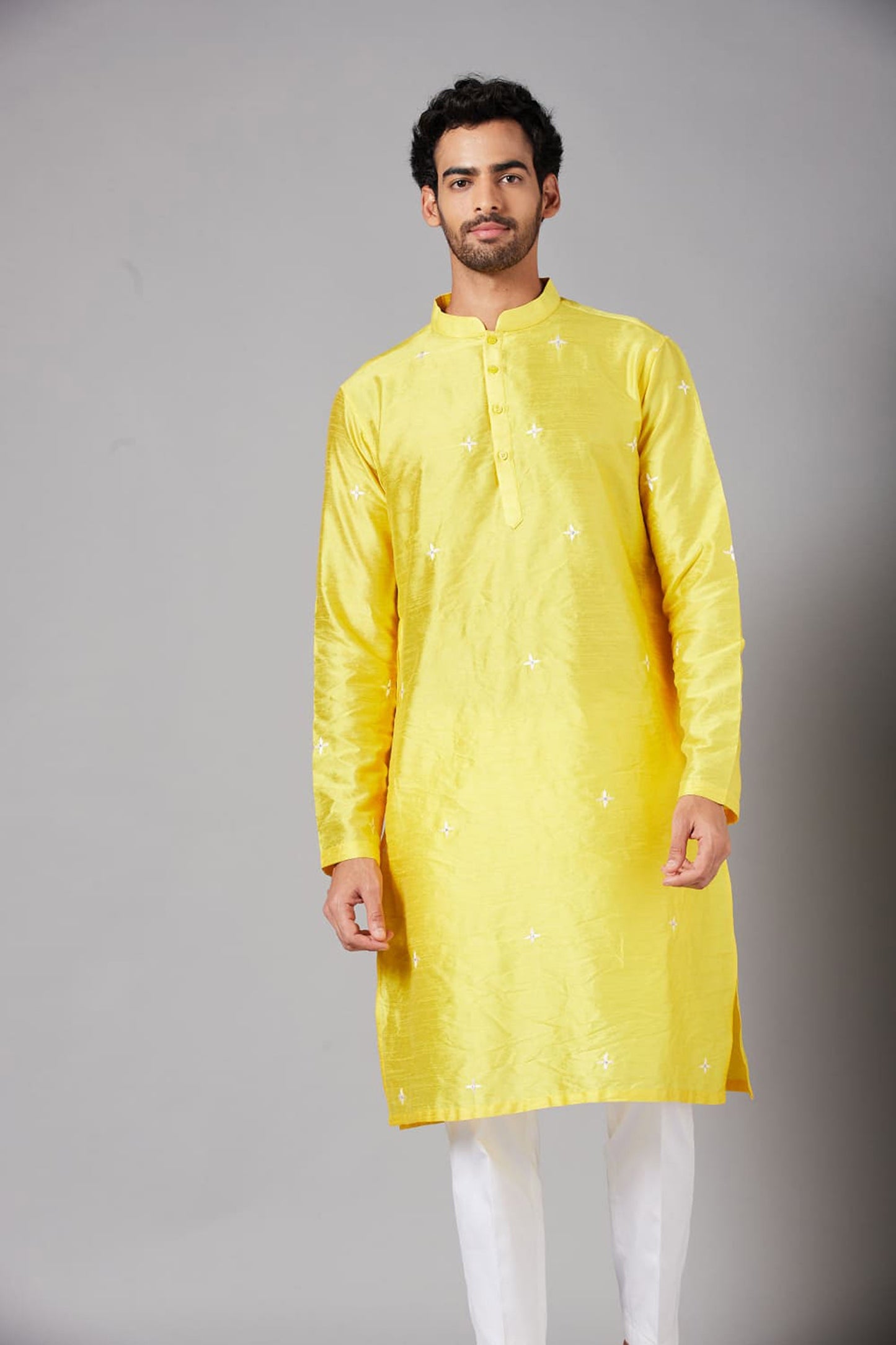 Yellow Raw Silk Thread Embroidered Festive ( only Kurta )