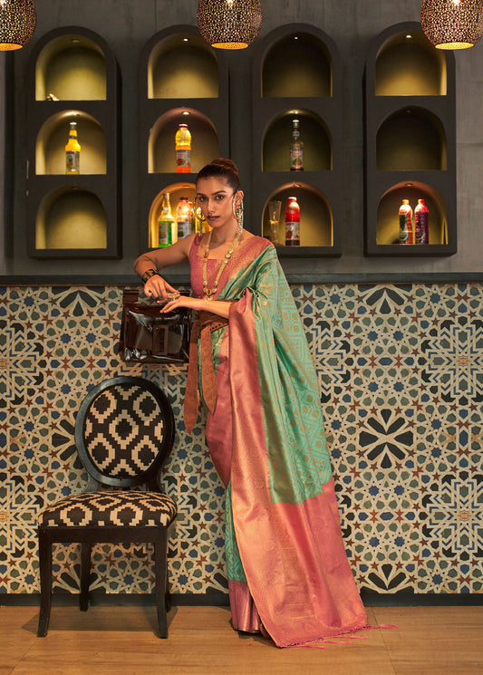 Green Kaizaa Silk Zari Base Chaap Handloom Saree