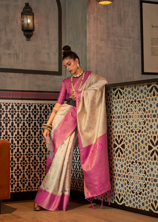 Beige Kaizaa Silk Zari Base Chaap Handloom Saree